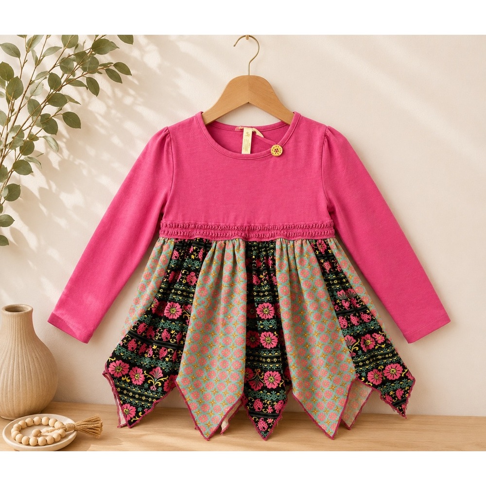Matilda Jane Girls Boho Floral Handkerchief Hem Tunic Top Size 10 Pink Cotton